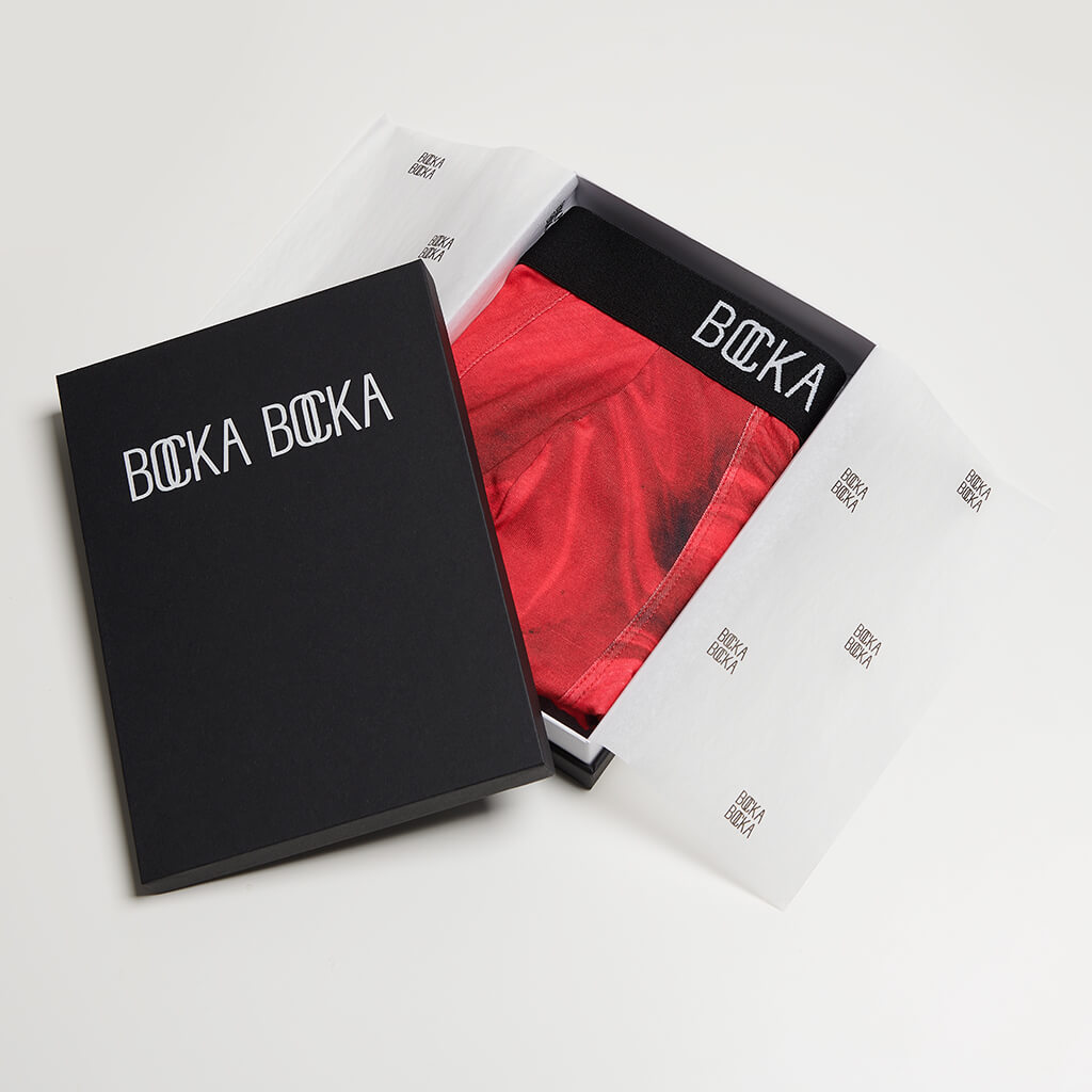A pair of Bocka Bocka Diavolo Supernova mens designer boxer briefs in a Bocka Bocka gift box