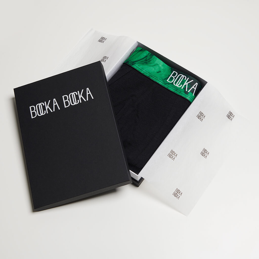 A pair of Bocka Bocka Primavera Midnight mens designer trunks in a Bocka Bocka gift box