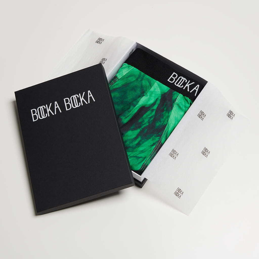 A pair of Bocka Bocka Primavera Supernova mens designer trunks in a Bocka Bocka gift box