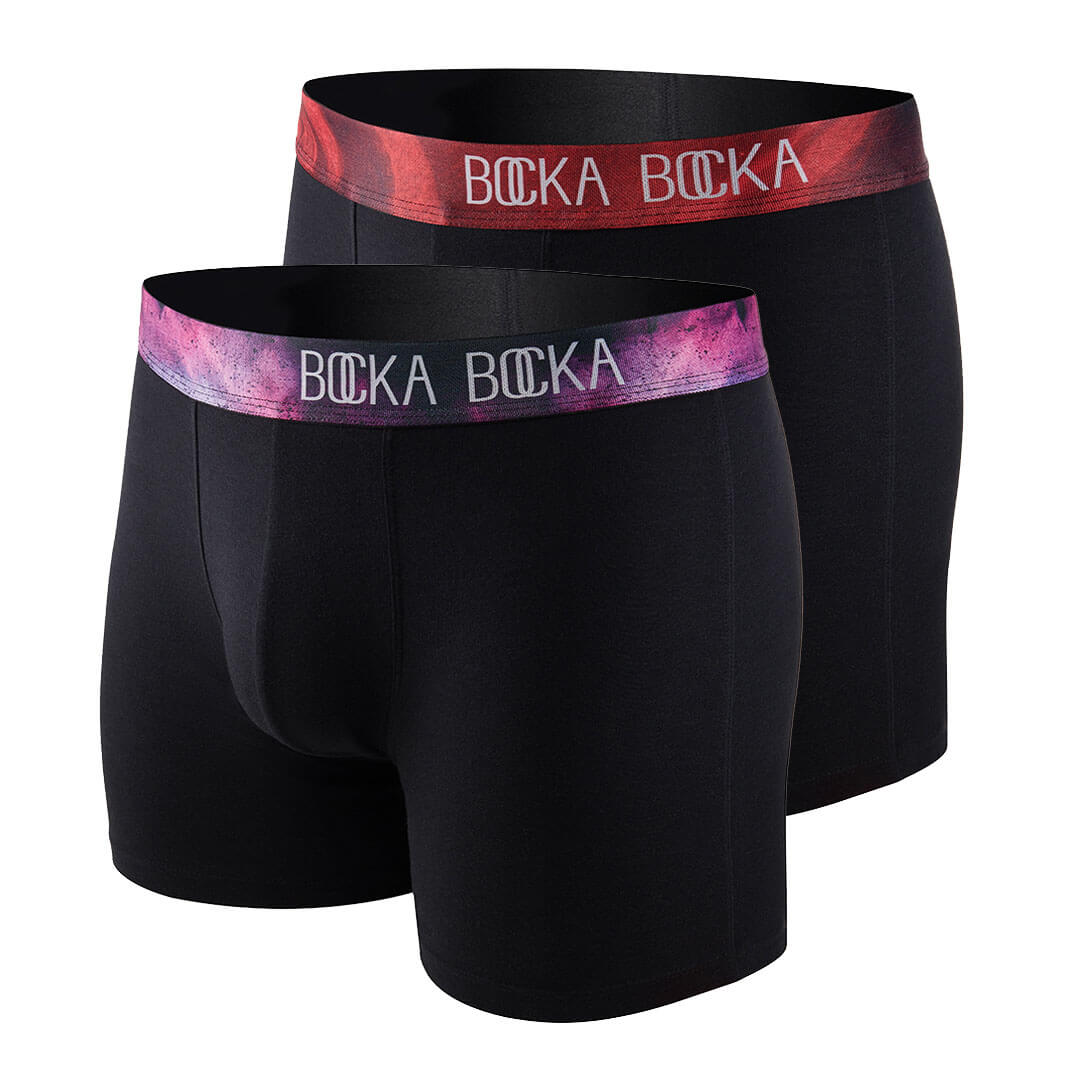 Mannequin photos of the Bocka Bocka Galassia and Diavolo Midnight mens designer boxer briefs