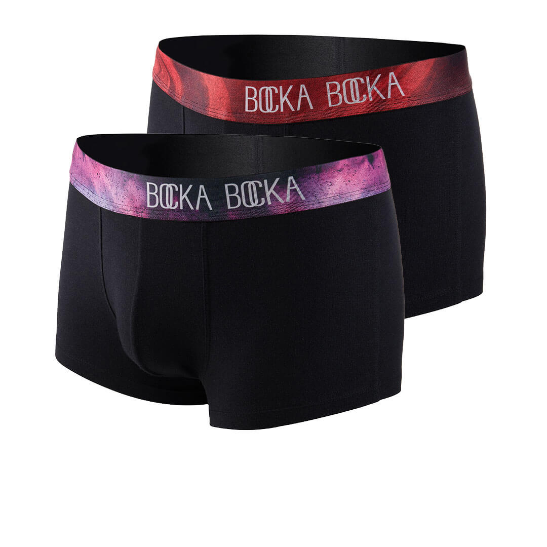 Mannequin photos of the Bocka Bocka Galassia and Diavolo Midnight mens designer trunks