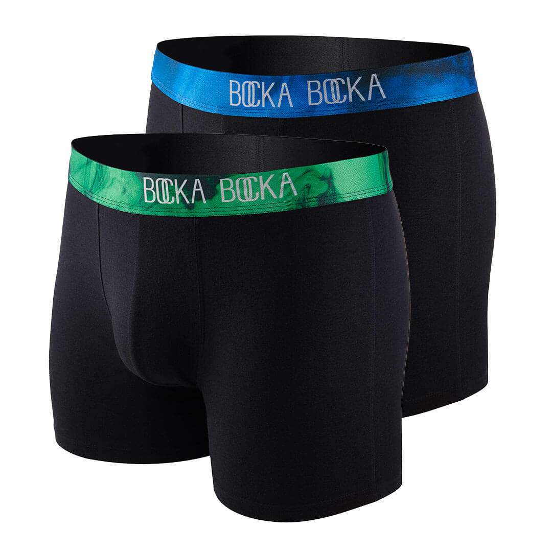 Mannequin photos of the Bocka Bocka Onde and Primavera Midnight mens designer boxer briefs