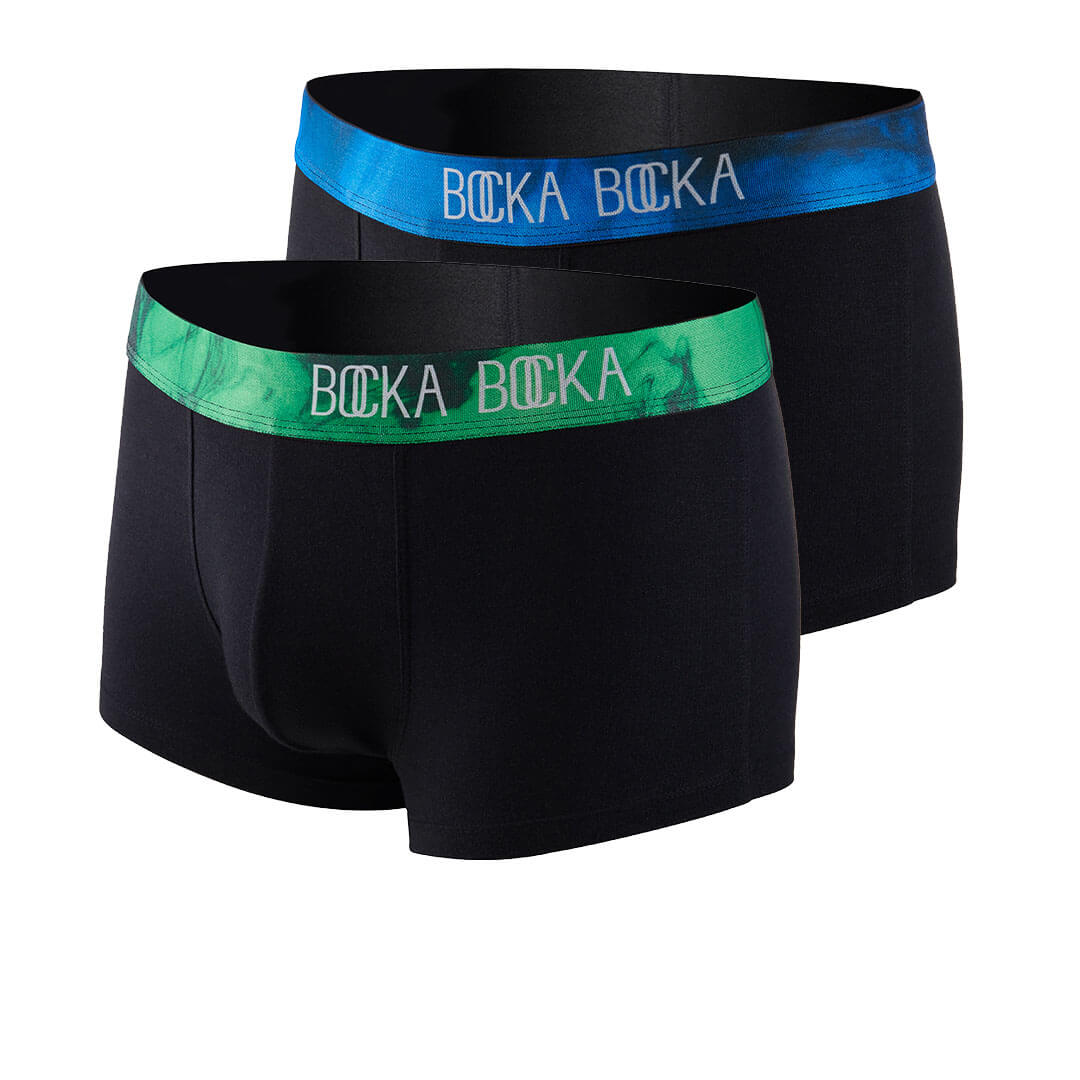 Mannequin photos of the Bocka Bocka Onde and Primavera Midnight mens designer trunks