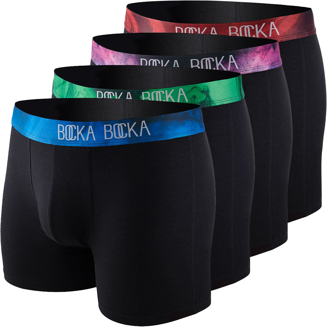 All four mens designer boxer briefs in the Bocka Bocka Midnight collection