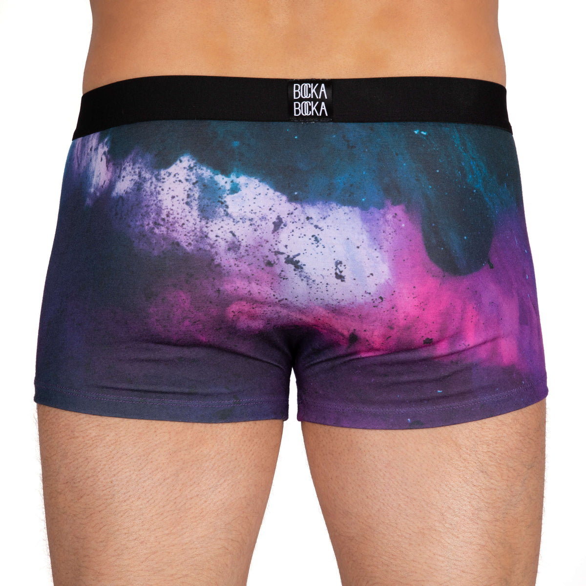Model wearing a pair of Bocka Bocka galassia supernova mens designer trunks back
