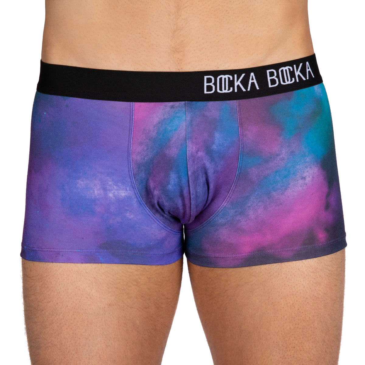Model wearing a pair of Bocka Bocka galassia supernova mens designer trunks front